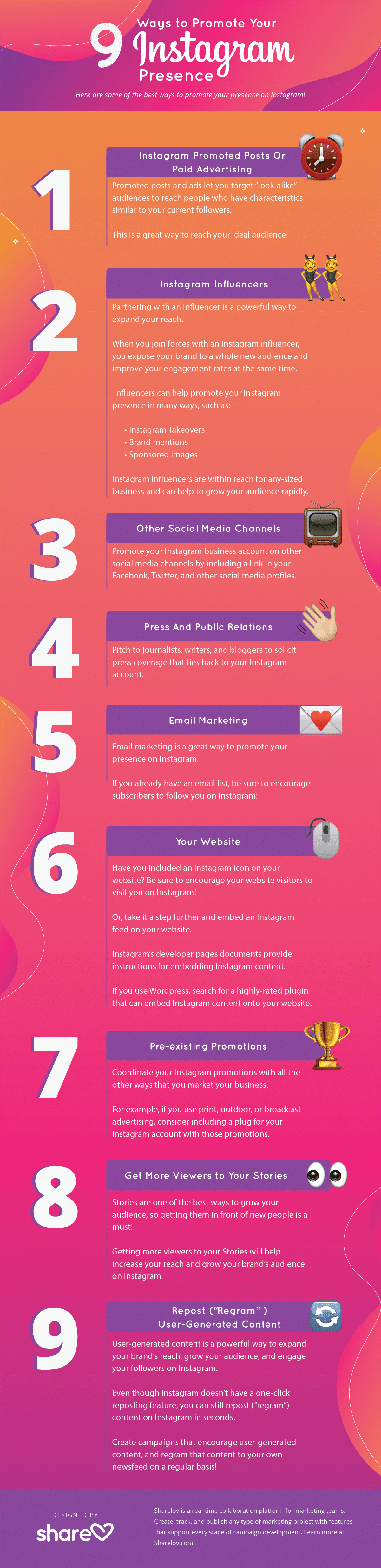 9 Ways to promote your instagram presence infographic
