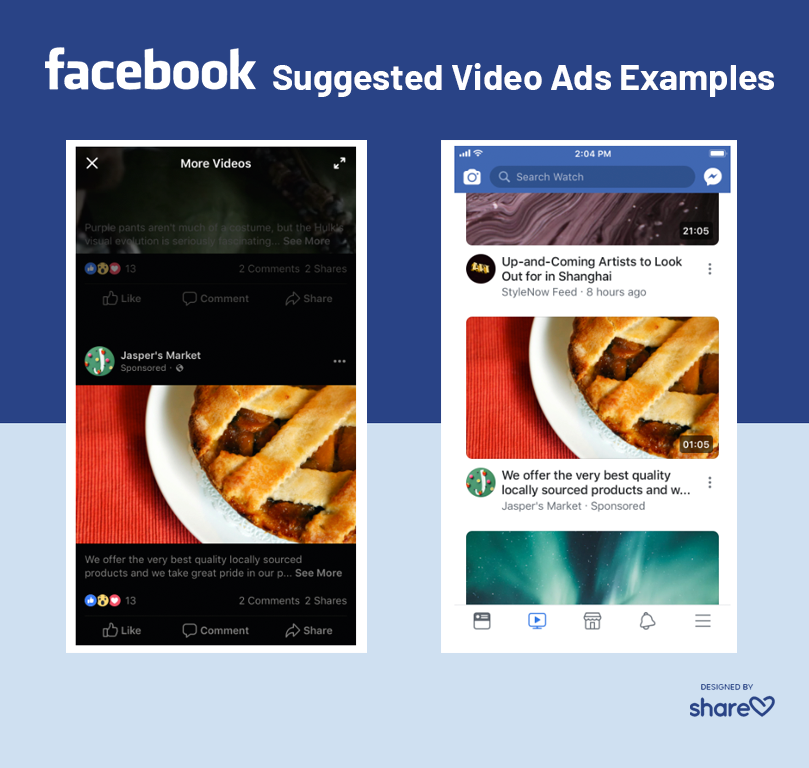 Examples of suggested video ads on Facebook