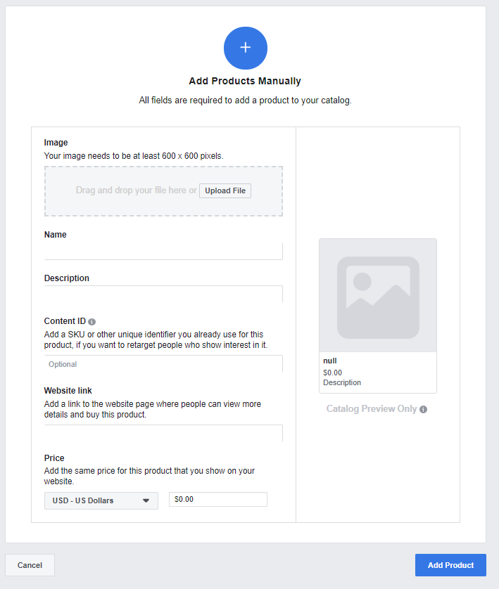 Facebook Catalog add products manually