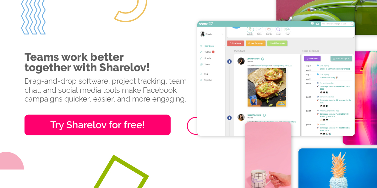 Teams work better together with Sharelov! Drag-and-drop software, project tracking, team chat, and social media tools make Facebook campaigns quicker, easier, and more engaging.
