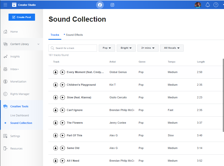 Facebook Creator Studio sound library example