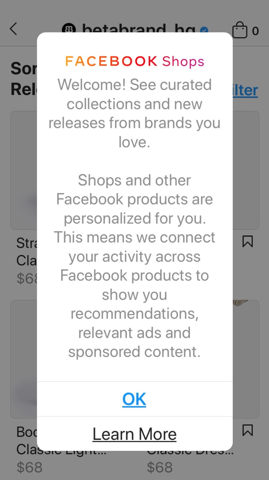 Facebook Shops popup description