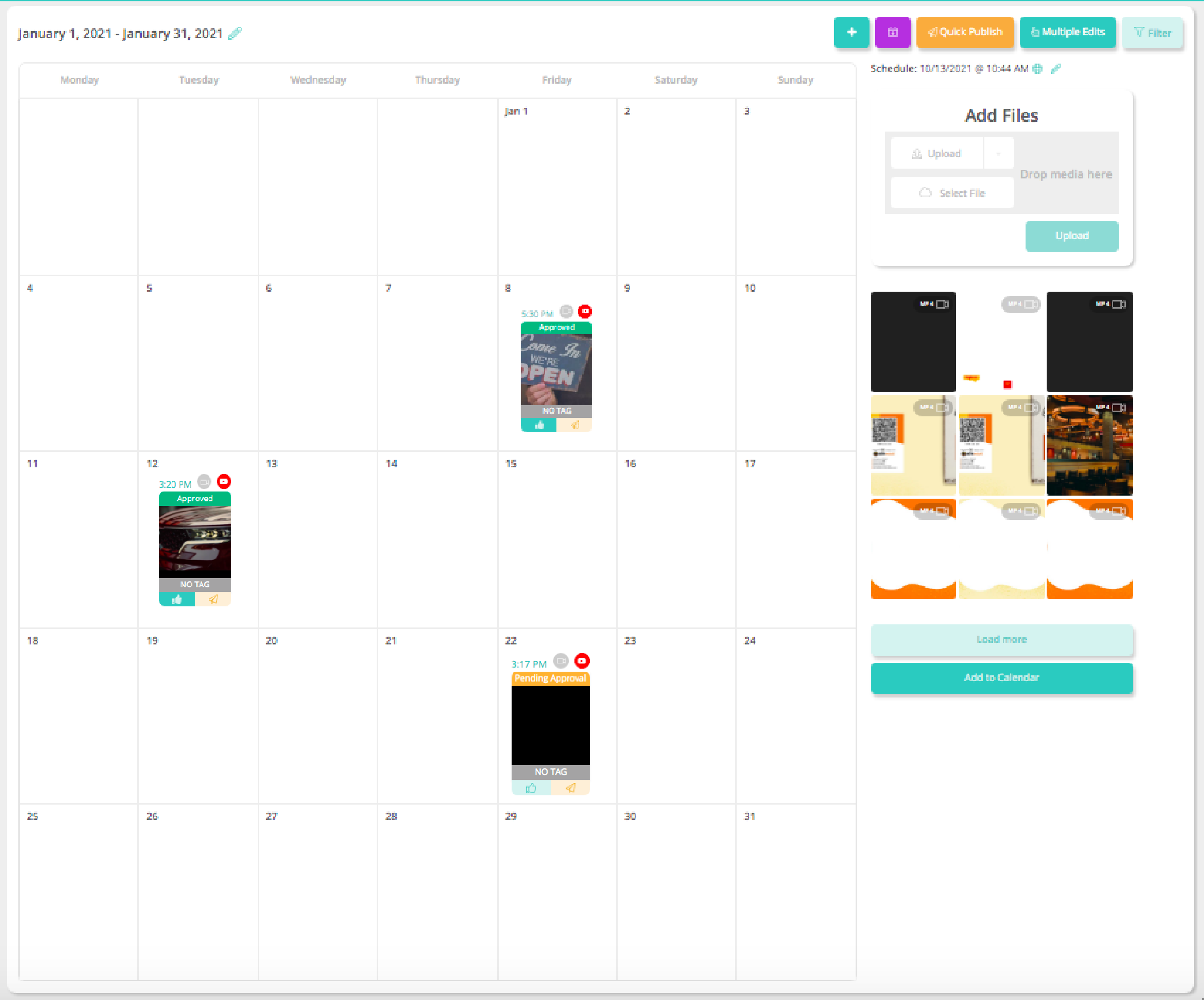 screenshot of Sharelov content calendar with only YouTube showing