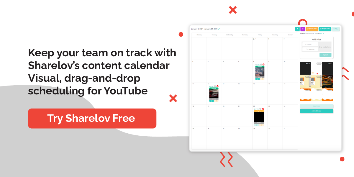 Keep your team on track with Sharelov’s content calendar Visual, drag-and-drop scheduling for YouTube