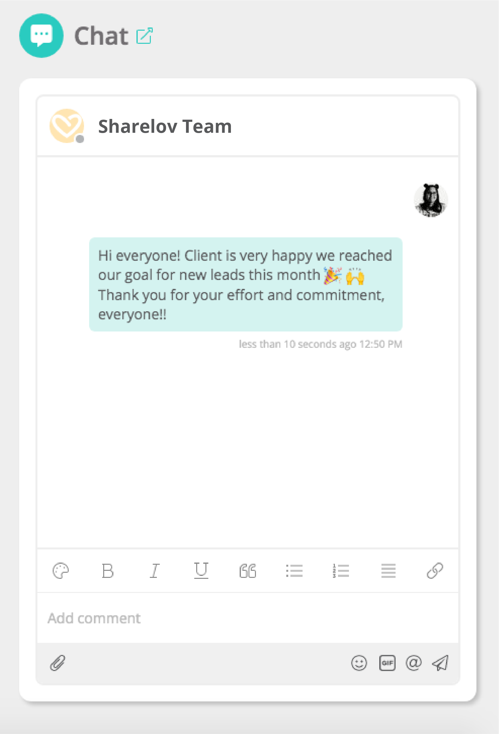 congratulating a team member for doing a great job (on Sharelov)