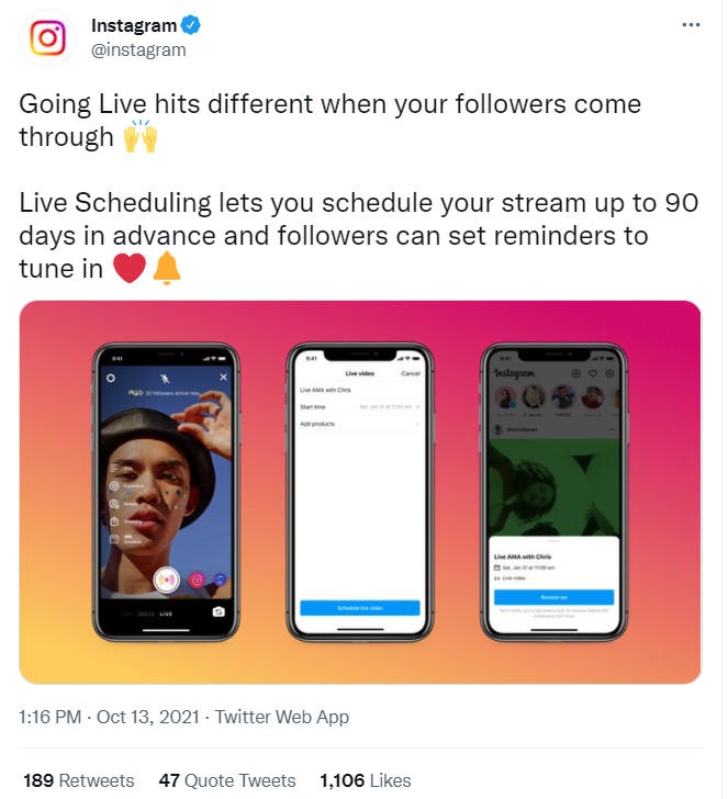Live broadcast scheduling Instagram