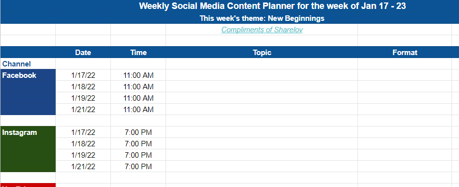 Social calendar weekly example times