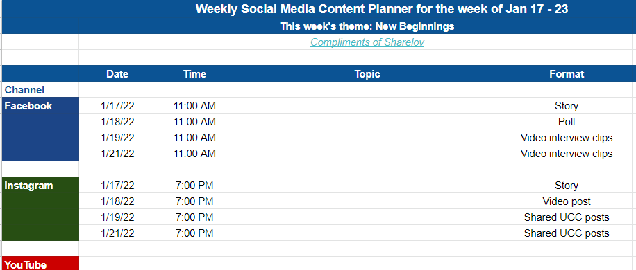 Social calendar weekly example times and formats