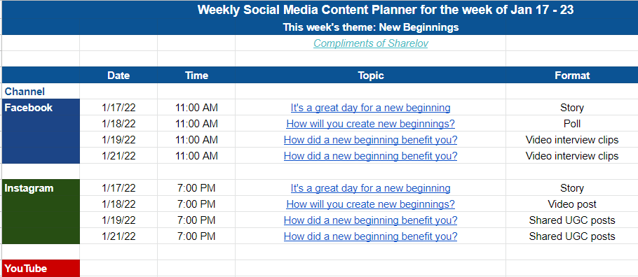 Social calendar weekly example