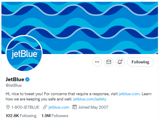 Jetblue Twitter bio