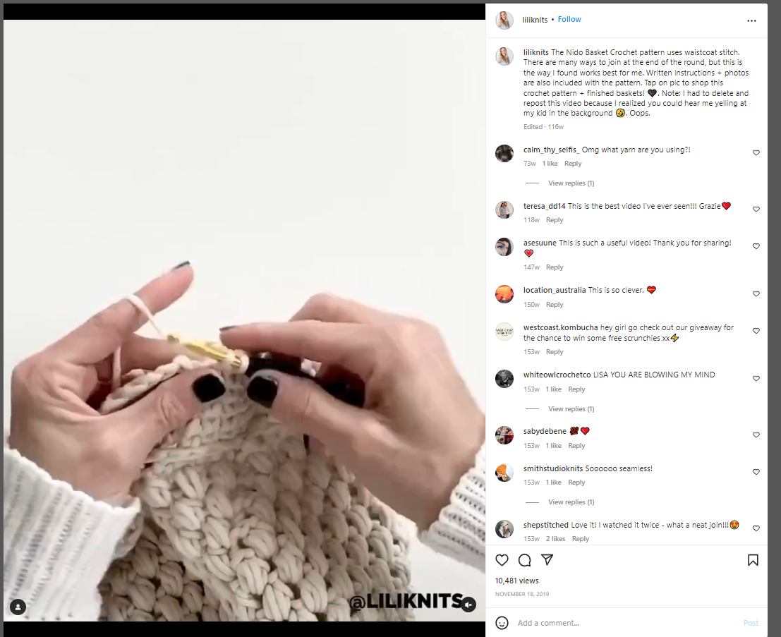 Lili knits keyword example Instagram post