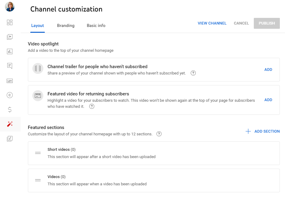 YouTube creator studio layout panel screenshot