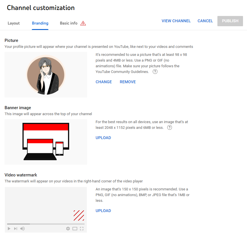 YouTube channel brand customization form