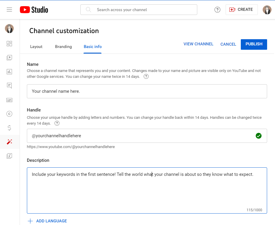 YouTube creator studio Basic info panel screenshot